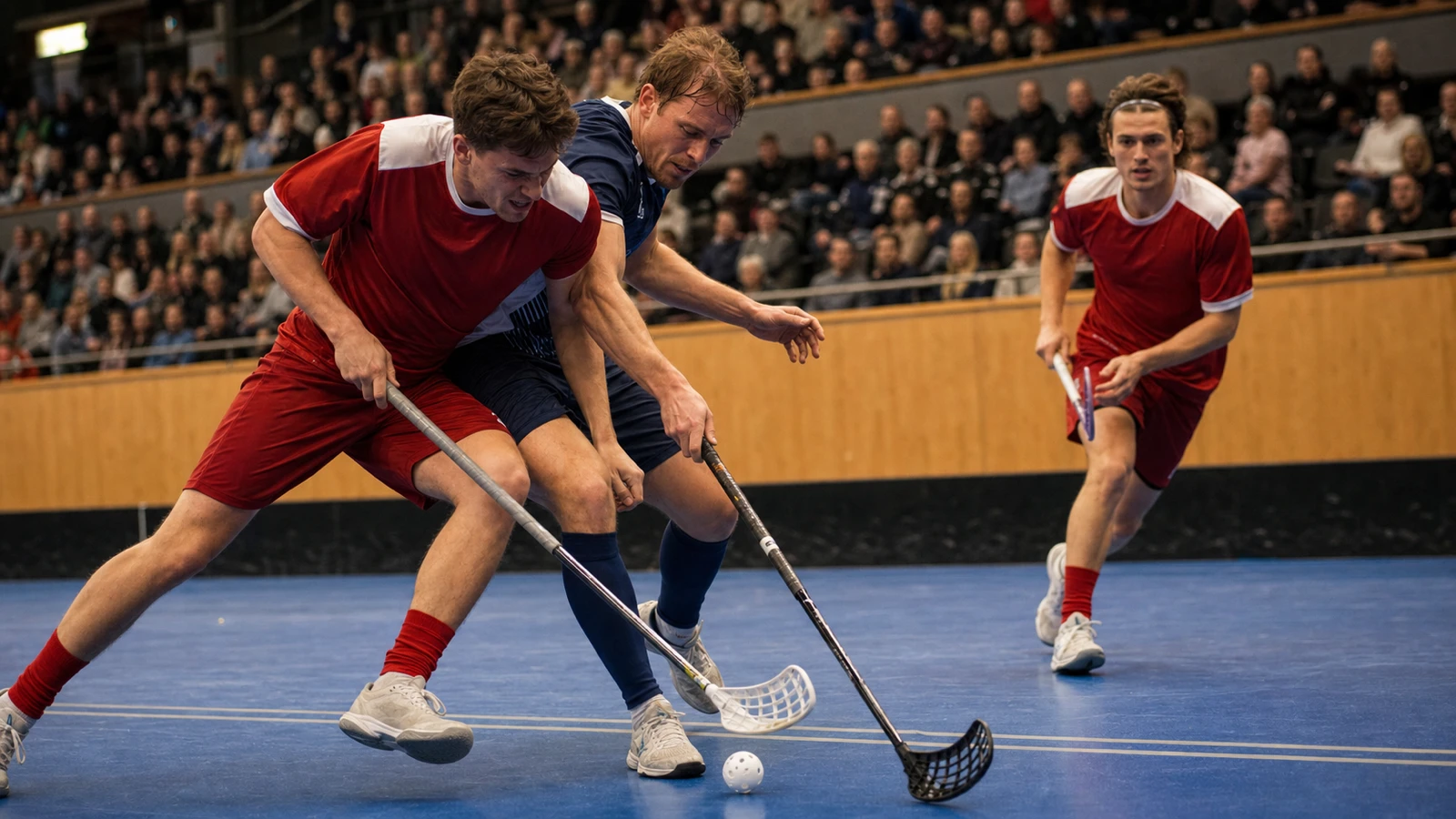 Två spelare möts i en hård klubbduell mitt på planen medan en tredje kommer in i full fart