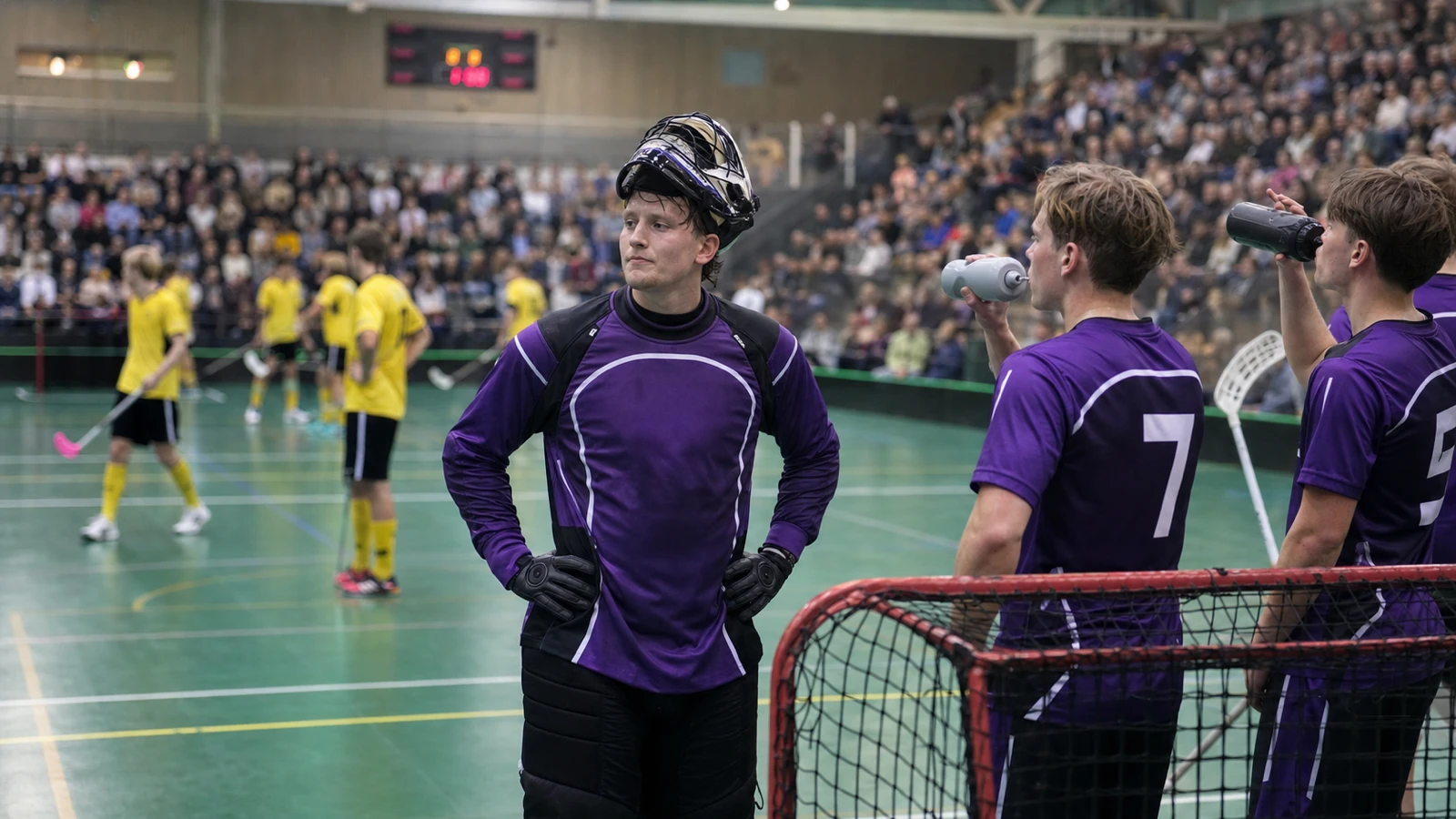 Målvakten står med masken uppdragen i pannan under ett spelavbrott med två lagkamrater vid målet