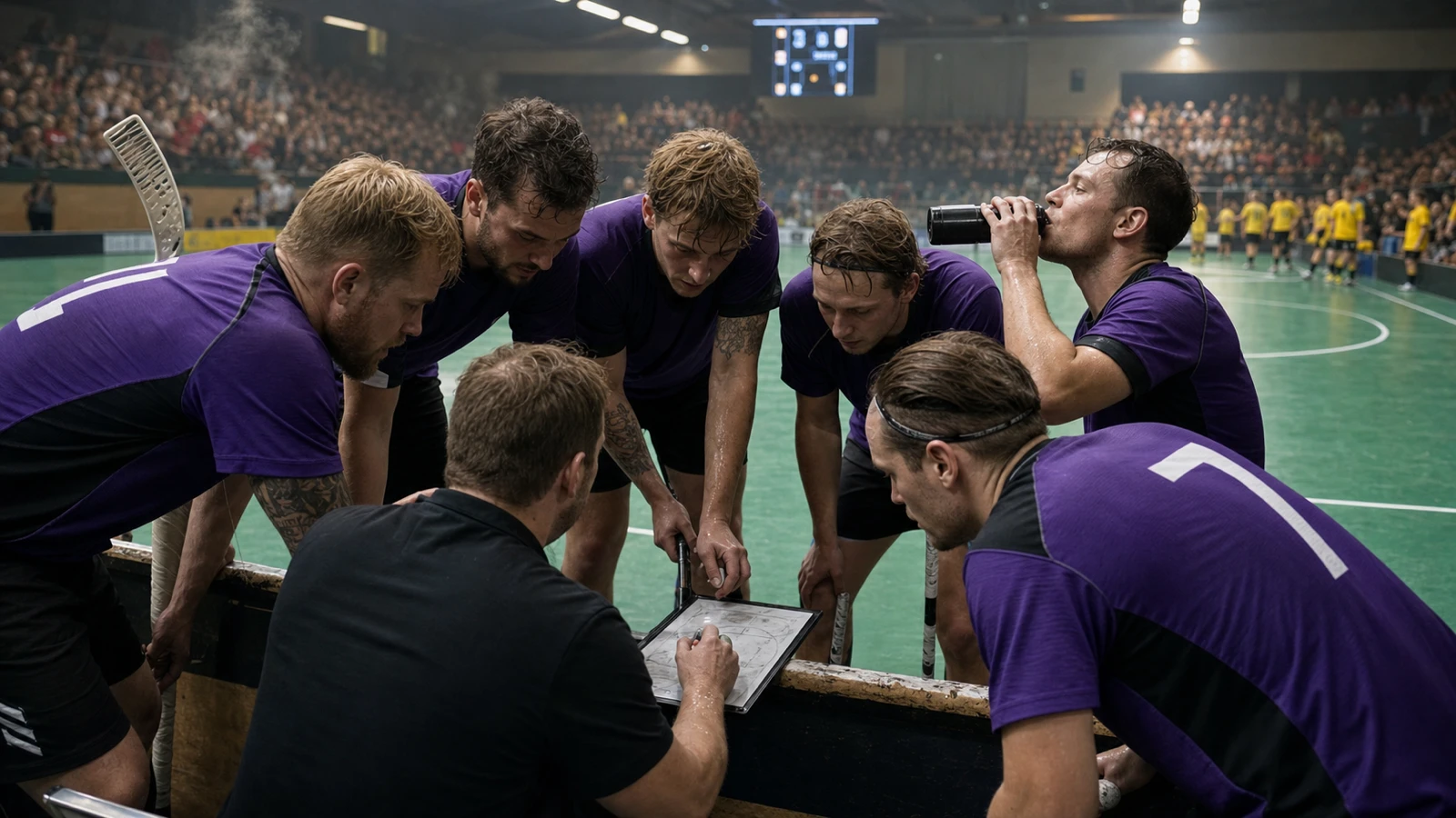 En timeout där tränaren ritar på en taktiktavla och spelarna lutar sig in över den