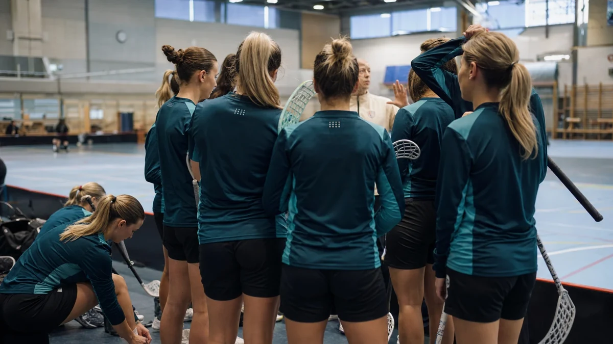 Damlag samlat i ring runt tränaren före träning i en hall