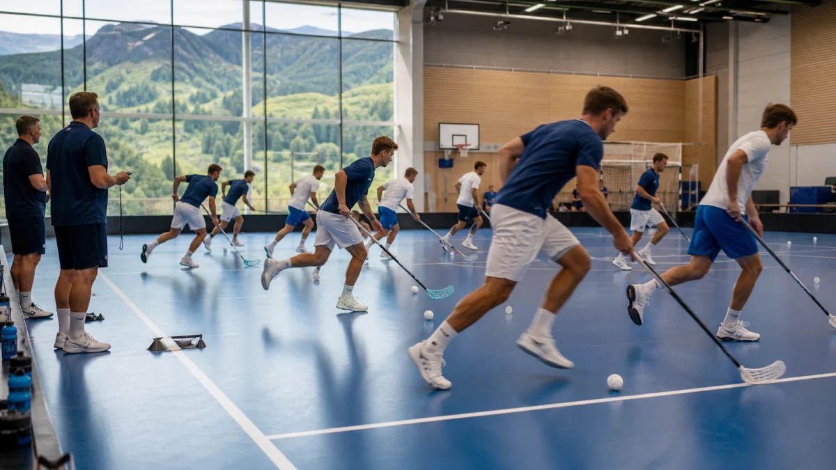Innebandyspelare springer en intensiv träningsövning i en hall med fjällutsikt