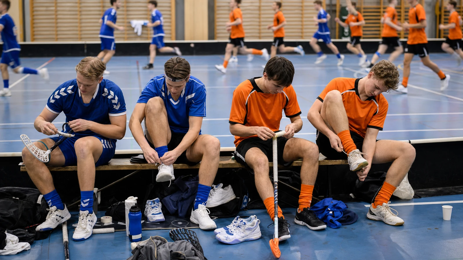Fyra spelare sitter på en bänk och lindar grepp och knyter skor medan lagkamrater joggar förbi på planen